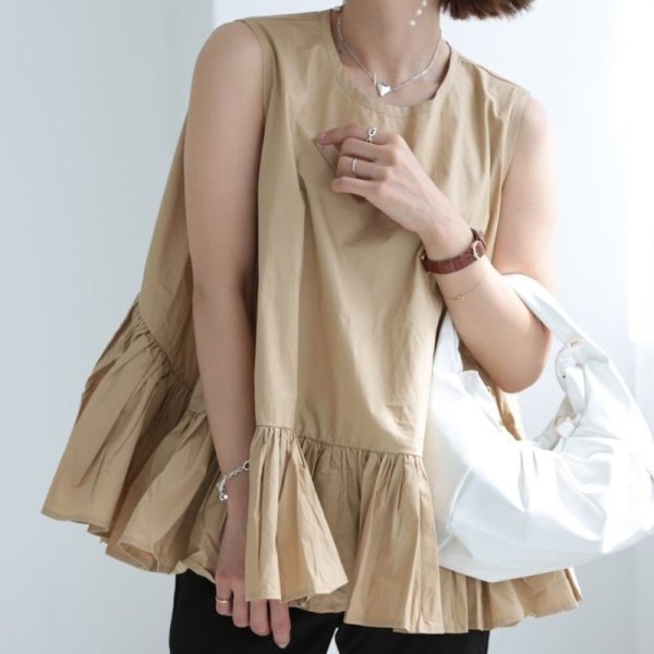 画像5: キュート無地ラウンドネックノースリーブフリルシャツ (5)
