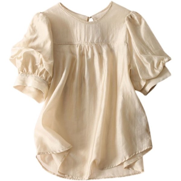画像4: パフスリーブギャザー飾り半袖ボウタイラウンドネックブラウス (4)