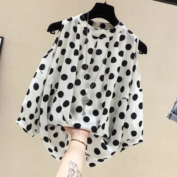 画像3: レトロドット柄Aラインシフォン2colourブラウス (3)