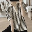 画像3: シンプルルーズ半袖プルオーバー折り襟ストライプ柄Tシャツ (3)