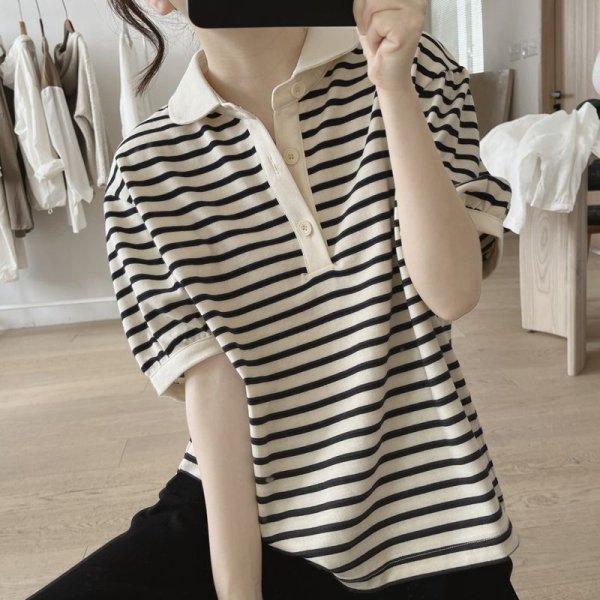 画像3: シンプルルーズ半袖プルオーバー折り襟ストライプ柄Tシャツ (3)