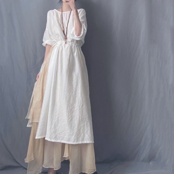 画像7: Aラインキャミソールワンピース+リボン飾り日焼け止めルーズワンピース２点セット (7)