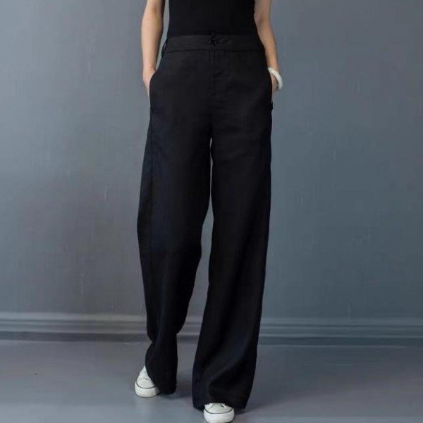 画像2: ポケット付きハイウエストリネン生地パンツ (2)