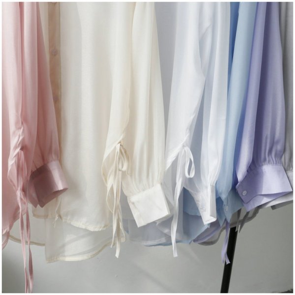 画像7: シンプル無地長袖シングルブレストリボン飾りシャツ襟多色UVカット (7)