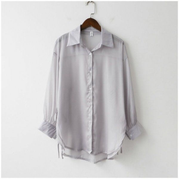 画像5: シンプル無地長袖シングルブレストリボン飾りシャツ襟多色UVカット (5)